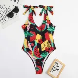 Women U Neck Sling Tie Shoulder Watermelon Coconut Tree Prints One Piece Swimsuit