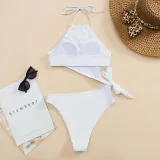 Women Mock-Neck Halter Cut Out Side Bowknot High Waist One Piece Swimsuit