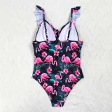 Women Ruffle Strap Push Up Flamingos Palm Leaves Prints One Piece Swimsuit