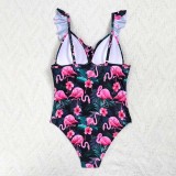 Women Ruffle Strap Push Up Flamingos Palm Leaves Prints One Piece Swimsuit