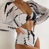 Women Ring Linked Plunging Cut Out Long Sleeve High Waist One Piece Swimsuit