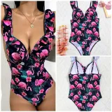 Women Ruffle Strap Push Up Flamingos Palm Leaves Prints One Piece Swimsuit