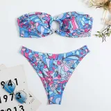 Women Two Pieces Bandeau Ring Linked Plunging Flower Prints High Cut Bikini Swimsuit