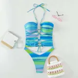 Women Helter Cut Out Drawstring Gradient Color One Piece Swimsuit