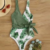 Women Tropical Colormatch Palm Leaves Prints Knot Side One Piece Swimsuit