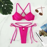 Women Two Pieces Criss Cross Rushed Padded String Thong High Cut Bikini Swimsuit