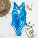 Women U Neck Back Cross Wide Strap Criss Crosse Belt One Piece Swimsuit