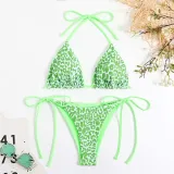 Women Two Pieces Halter Leopard Brassiere Side Tie Print High Cut Bikini Swimsuit