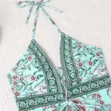 Women Sling Flower Full Prints Lace Up Tassels Deep V One Piece Swimsuit