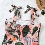 Women Tie Shoulder Tank Tropical Palm Leaves Flower Prints One Piece Swimsuit