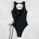 Women Halter Back Lace Up Cut Out One Piece Swimsuit