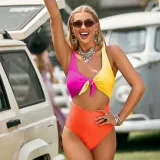Women Color Block Knot Front Waist Cut Out High Waist One Piece Swimsuit