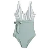 Women Stripe Wide Strap Tank High Waist Belt Tummy Control Multiway One Piece Swimsuit