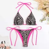 Women Two Pieces Halter Leopard Brassiere Side Tie Print High Cut Bikini Swimsuit