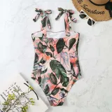 Women Tie Shoulder Tank Tropical Palm Leaves Flower Prints One Piece Swimsuit