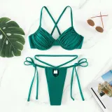 Women Two Pieces Criss Cross Rushed Padded String Thong High Cut Bikini Swimsuit