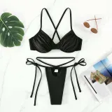 Women Two Pieces Criss Cross Rushed Padded String Thong High Cut Bikini Swimsuit