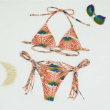 Women Two Pieces Halter Criss Cross Tassle Padded String Thong High Cut Bikini Swimsuit