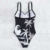 Women Palm Tree Prints Sling Push Up One Piece Swimsuit