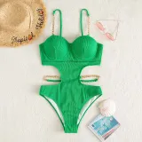 Women Sling Chain Link Push Ups Cut Out Waist One Piece Swimsuit