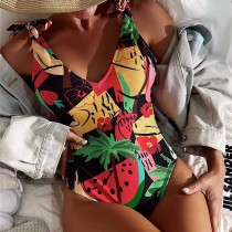 Women U Neck Sling Tie Shoulder Watermelon Coconut Tree Prints One Piece Swimsuit