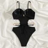 Women Sling Chain Link Push Ups Cut Out Waist One Piece Swimsuit