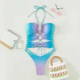 Women Helter Cut Out Drawstring Gradient Color One Piece Swimsuit