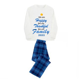 2023 Christmas Matching Family Pajamas We Are Happy Thanksful Family Blue Pajamas Set
