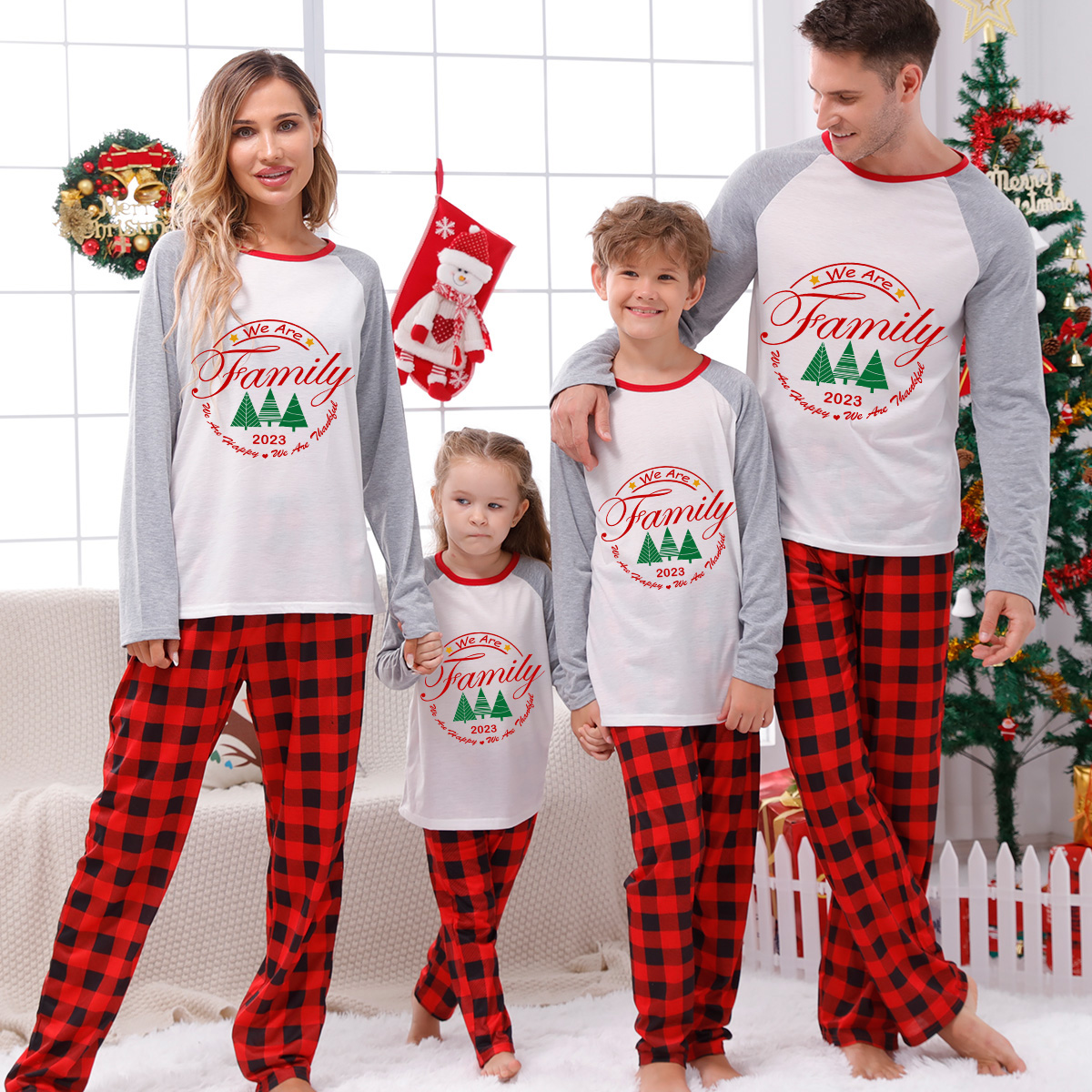 2023 Christmas Matching Family Pajamas Exclusive We Are Family Wreath Xmas Tree Gray Pajamas Set