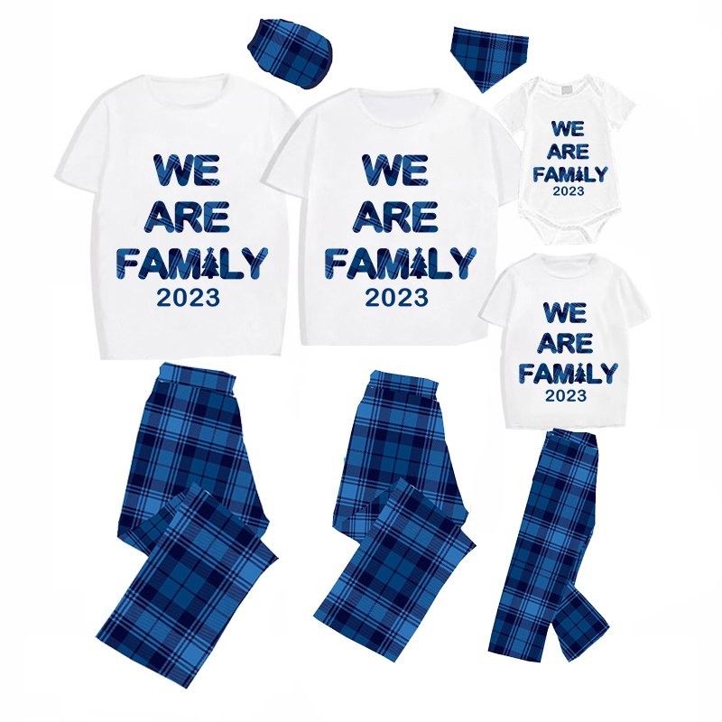 2023 We Are Family Christmas Matching Family Pajamas White Short Pajamas Blue Pants Set With Dog Pajamas