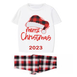 2023 Christmas Matching Family Pajamas Red Plaids Christmas Hat Merry Christmas Letter White Short Pajamas Set With Baby Pajamas