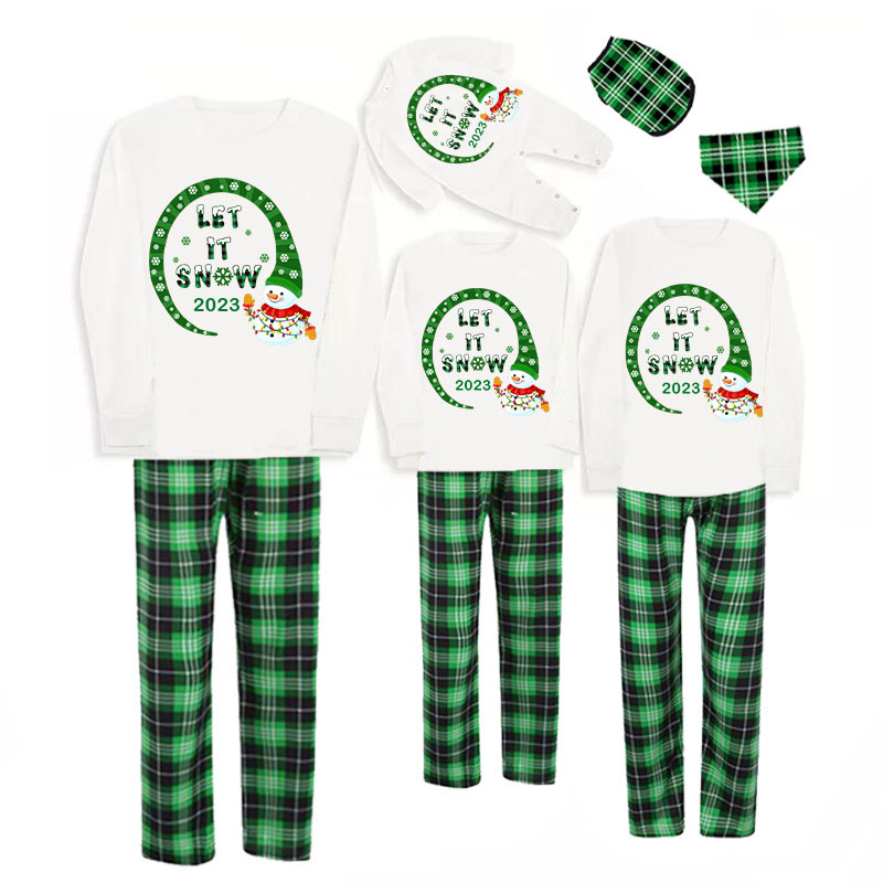 2023 Christmas Matching Family Pajamas Snowman let It Snow Green Plaids Pajamas Set