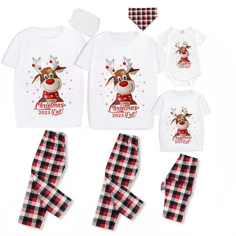 2023 Christmas Matching Family Pajamas Christmas Exclusive Design Deer Head Snowflake Merry White Short Christmas Pajamas Set