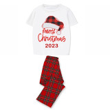 2023 Christmas Matching Family Pajamas Red Plaids Christmas Hat Merry Christmas Letter White Short Pajamas Set With Baby Pajamas