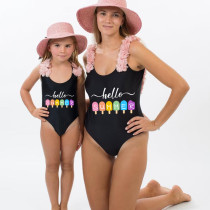 Mommy and Me Bathing Suits Hello Summer Ice Cream Mama And Mini Flower Shoulder Backless Swimsuits