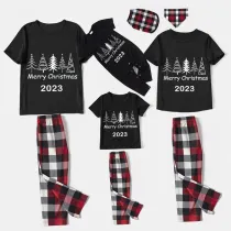 2023 Christmas Matching Family Pajamas Red Plaids Christmas Hat Merry Christmas Letter Black Short Pajamas Set With Baby Pajamas