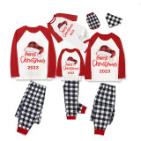 2023 Christmas Matching Family Pajamas Red Plaids Christmas Hat Merry Christmas Letter Black White Plaids Pajamas Set With Baby Pajamas