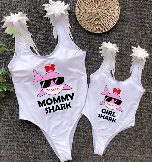 Mommy and Me Bathing Suits Mommy Girl Shark Feather Shoulder Backless Swimsuits