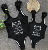 Mommy and Me Bathing Suits Cat I love You Mama And Mini Feather Shoulder Backless Swimsuits