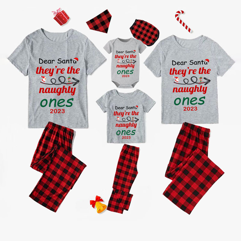 2023 Christmas Matching Family Pajamas Dear Santa They're The Naughty Ones Gray Pajamas Set