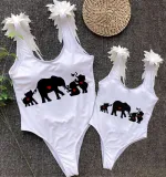 Mommy and Me Bathing Suits Elephants Mama And Mini Feather Shoulder Backless Swimsuits