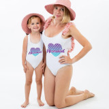 Mommy and Me Bathing Suits Mermaid Heart Mama And Mini Flower Shoulder Backless Swimsuits
