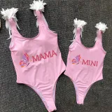 Mommy and Me Bathing Suits Butterfly Mama And Mini Feather Shoulder Backless Swimsuits