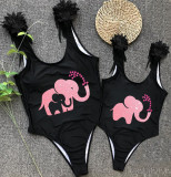 Mommy and Me Bathing Suits Elephant Heart Mama And Mini Feather Shoulder Backless Swimsuits