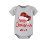 2023 Christmas Matching Family Pajamas Red Plaids Christmas Hat Merry Christmas Letter Gray Short Pajamas Set With Baby Pajamas