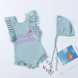 Girls Bathing Suits Baby Mermaid Slogan One Piece Ruffled Cuff Swimsuits