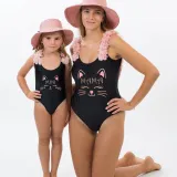 Mommy and Me Bathing Suits Cat Smile Flower Shoulder Backless Swimsuits