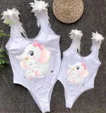 Mommy and Me Bathing Suits Cute Elephants Mama And Mini Feather Shoulder Backless Swimsuits