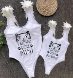 Mommy and Me Bathing Suits Cat I love You Mama And Mini Feather Shoulder Backless Swimsuits