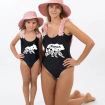 Mommy and Me Bathing Suits Bear Mama Mini Flower Shoulder Backless Swimsuits
